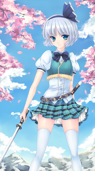 Anime picture 670x1200 with touhou konpaku youmu fred0092 single tall image looking at viewer short hair blue eyes silver hair cloud (clouds) zettai ryouiki cherry blossoms girl thighhighs dress weapon plant (plants) petals white thighhighs sword