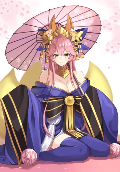 Anime picture 2030x2902 with fate (series) fate/extra tamamo (fate) (all) tamamo no mae (fate) yuzu-aki single long hair tall image looking at viewer fringe highres breasts light erotic hair between eyes large breasts white background sitting bare shoulders animal ears yellow eyes