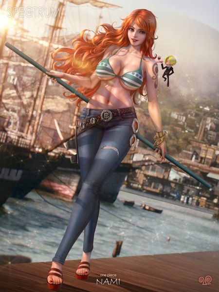 Anime picture 3000x4000 with one piece toei animation nami (one piece) sanji yam spectrum long hair tall image looking at viewer fringe highres short hair breasts light erotic blonde hair smile large breasts holding brown eyes signed cleavage
