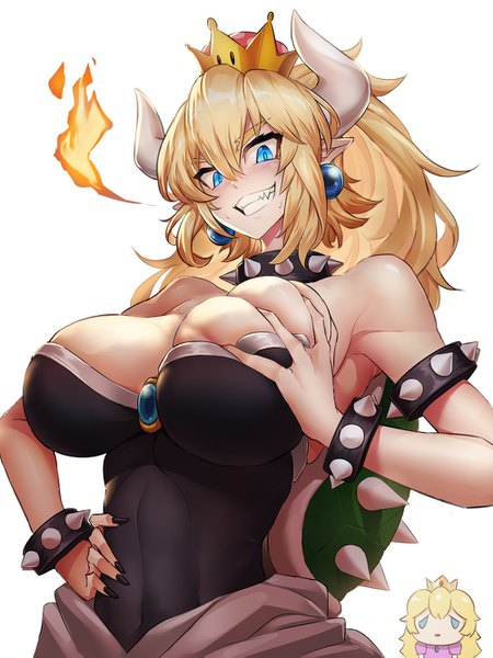 Anime picture 1000x1333 with super mario bros. new super mario bros. u deluxe bowsette princess peach kengzeta long hair tall image looking at viewer blush fringe breasts blue eyes light erotic simple background blonde hair smile hair between eyes large breasts white background bare shoulders