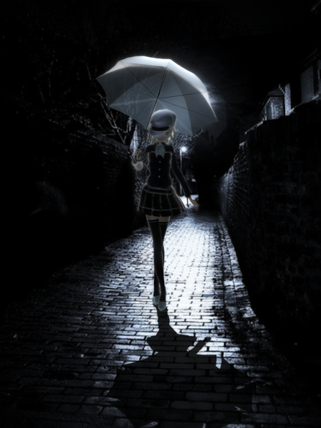 Anime picture 750x1000 with vocaloid ama no jaku (vocaloid) gumi leyumirrorsound single long hair tall image looking at viewer blue eyes blonde hair smile standing pleated skirt realistic night shadow night sky light walking street