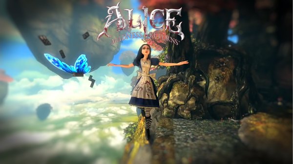 Anime picture 1920x1080 with american mcgee's alice (game) alice: madness returns alice (american mcgee's) single long hair highres black hair wide image green eyes spread arms 3d girl dress insect butterfly blood apron stone (stones)
