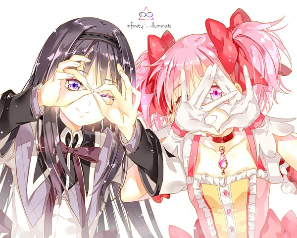 Anime picture 1100x880 with mahou shoujo madoka magica shaft (studio) akemi homura kaname madoka hoshii hisa looking at viewer smile purple eyes twintails multiple girls pink hair one eye closed pink eyes wink magical girl girl dress gloves ribbon (ribbons) bow