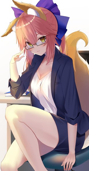 Anime picture 2347x4500 with fate (series) fate/grand order fate/extra tamamo (fate) (all) tamamo no mae (fate) jun (aousa0328) single long hair tall image looking at viewer blush fringe highres breasts simple background hair between eyes sitting animal ears yellow eyes pink hair
