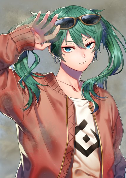 Anime picture 1416x2000 with vocaloid suna no wakusei (vocaloid) hatsune miku sumino akasuke single long hair tall image looking at viewer fringe blue eyes simple background hair between eyes twintails upper body green hair open jacket sunglasses on head sand girl earrings