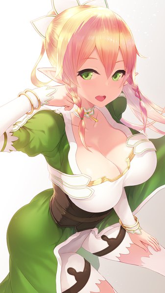 Anime-Bild 900x1600 mit sword art online a-1 pictures leafa cait single long hair tall image looking at viewer blush fringe breasts open mouth light erotic simple background blonde hair hair between eyes large breasts standing white background green eyes