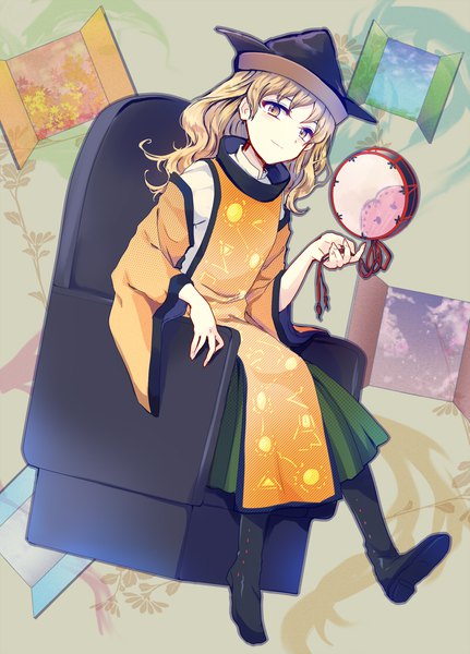 Anime picture 800x1113 with touhou matara okina uranaishi (miraura) single long hair tall image looking at viewer blonde hair sitting brown eyes full body traditional clothes girl hat musical instrument armchair drum tabard