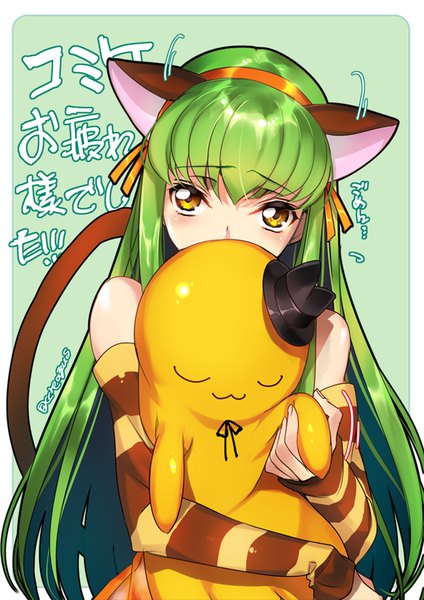 Anime picture 600x848 with code geass sunrise (studio) c.c. cheese-kun creayus single long hair tall image looking at viewer blush fringe simple background hair between eyes bare shoulders holding signed animal ears yellow eyes upper body tail