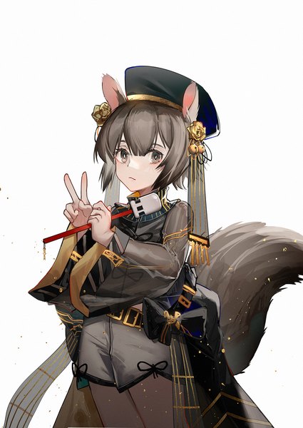 Anime picture 1200x1694 with arknights ambience synesthesia shaw (arknights) yuuki mix single tall image looking at viewer fringe short hair simple background brown hair standing white background holding brown eyes animal ears tail animal tail wide sleeves official alternate costume