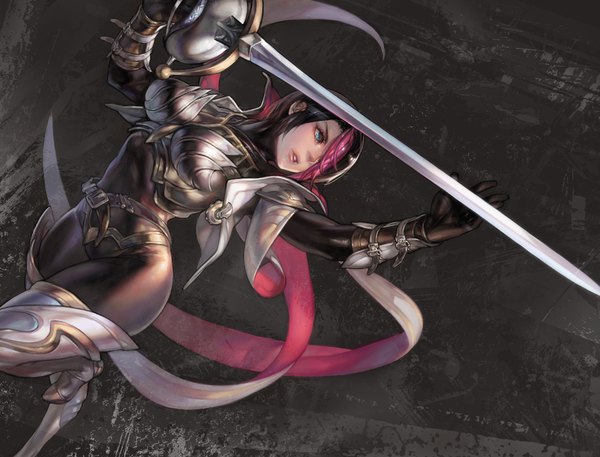 Anime picture 2100x1600 with league of legends fiora (league of legends) aoin single fringe highres short hair blue eyes light erotic black hair looking away pink hair multicolored hair hair over one eye two-tone hair streaked hair girl gloves weapon sword