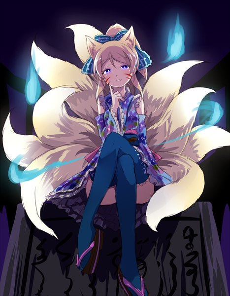 Anime picture 1041x1336 with love live! school idol project sunrise (studio) love live! ayase eli shikei (jigglypuff) single long hair tall image looking at viewer blush fringe blonde hair sitting purple eyes animal ears bent knee (knees) ponytail tail long sleeves traditional clothes
