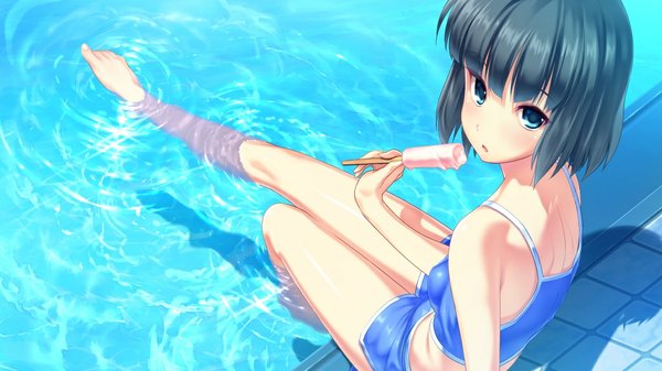 Anime picture 1024x576 with d-eve in you takeoka minami short hair blue eyes black hair wide image game cg girl swimsuit food sweets ice cream