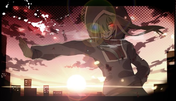 Anime picture 3960x2281 with kagerou project vocaloid shaft (studio) mekakushi code (vocaloid) kido tsubomi aiharafu single long hair fringe highres red eyes wide image absurdres cloud (clouds) green hair hair over one eye city glowing evening sunset
