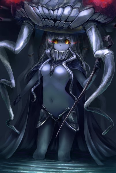 Anime picture 1150x1717 with kantai collection wo-class aircraft carrier kachayori single long hair tall image looking at viewer blush breasts yellow eyes grey hair teeth covered navel glowing glowing eye (eyes) shinkaisei-kan girl gloves navel weapon