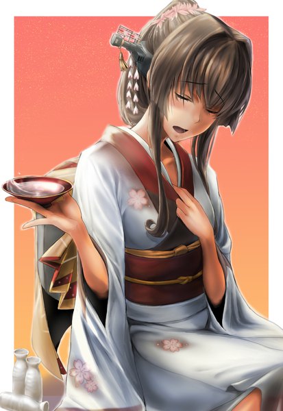 Anime picture 1275x1850 with kantai collection yamato super battleship kokuzoo single long hair tall image blush fringe breasts open mouth simple background hair between eyes brown hair sitting holding payot eyes closed traditional clothes head tilt japanese clothes