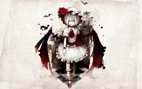 Anime picture 1920x1200 with touhou remilia scarlet riku (wana) single looking at viewer highres red eyes wide image white background silver hair teeth short sleeves fang (fangs) puffy sleeves checkered floor bat wings floor checkered vampire girl