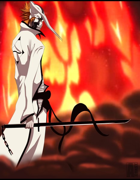 Anime picture 933x1200 with bleach studio pierrot kurosaki ichigo aconst single tall image short hair traditional clothes japanese clothes profile horn (horns) orange hair orange eyes coloring smoke boy weapon sword belt kimono