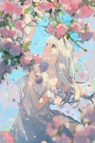 Anime picture 1000x1500 with original ciloranko single long hair tall image fringe blue eyes hair between eyes standing sky outdoors white hair parted lips profile arm up wind blurry looking up girl dress