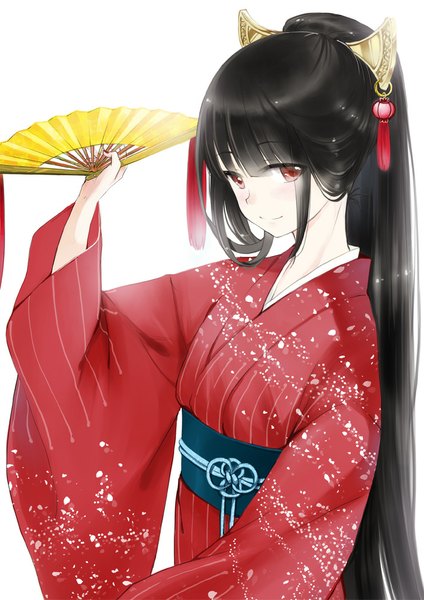 Anime picture 707x1000 with original miyabi akino single long hair tall image looking at viewer fringe black hair simple background smile red eyes white background ponytail traditional clothes japanese clothes girl hair ornament obi fan yukata