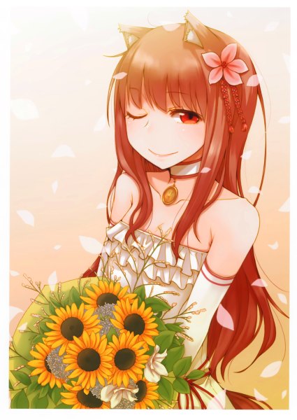 Anime picture 850x1200 with spice and wolf horo ayakura juu single long hair tall image looking at viewer smile hair between eyes red eyes brown hair bare shoulders animal ears payot upper body tail animal tail one eye closed hair flower lips