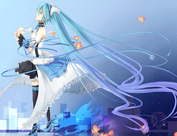 Anime picture 1940x1490 with vocaloid hatsune miku single highres twintails bare shoulders very long hair profile aqua eyes aqua hair girl thighhighs dress flower (flowers) petals shoes