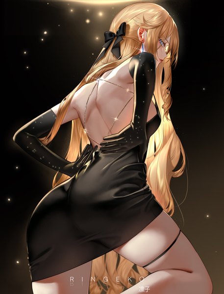Anime picture 4000x5246 with genshin impact navia (genshin impact) ringeko-chan single long hair tall image looking at viewer fringe highres breasts blue eyes light erotic simple background blonde hair standing signed absurdres ass profile from behind