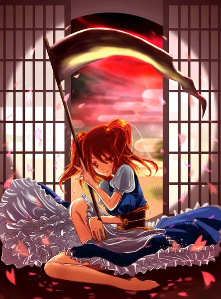 Anime picture 1396x1884 with touhou onozuka komachi tall image smile red eyes twintails red hair girl weapon petals belt scythe