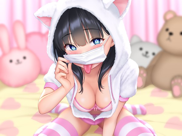 Anime picture 2240x1680 with original re:shimashima single long hair looking at viewer blush fringe highres breasts blue eyes light erotic black hair sitting animal ears indoors blunt bangs blurry cat ears short sleeves leaning