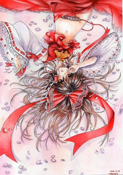 Anime picture 705x1000 with touhou hakurei reimu mosho single long hair tall image blush light erotic simple background brown hair white background brown eyes signed looking away from above bare belly upside down traditional media watercolor (medium) girl