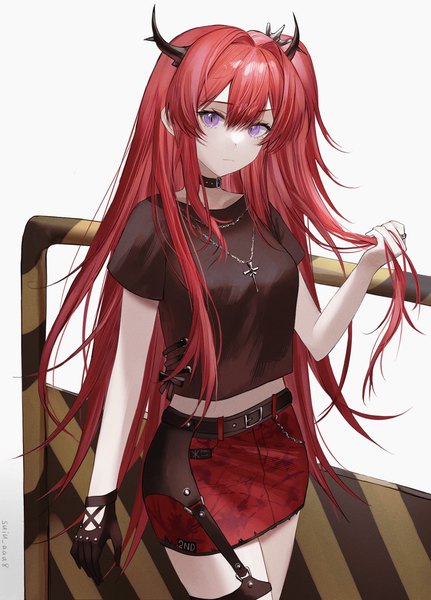 Anime picture 1220x1699 with arknights surtr (arknights) surtr (liberte echec) (arknights) suiu aaa8 single long hair tall image fringe hair between eyes purple eyes looking away red hair horn (horns) one side up official alternate costume adjusting hair girl skirt miniskirt choker