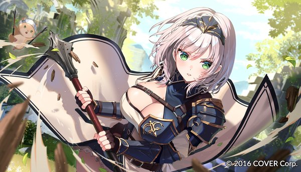 Anime picture 1751x1000 with virtual youtuber hololive shirogane noel shirogane noel (1st costume) rosuuri single blush fringe highres short hair breasts light erotic hair between eyes wide image large breasts holding green eyes looking away silver hair outdoors