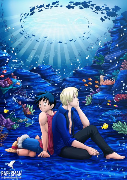 Anime picture 813x1150 with one piece toei animation monkey d. luffy sanji lao-paperman tall image short hair black hair blonde hair sitting bare shoulders holding signed full body parted lips profile barefoot light smile black eyes sunlight