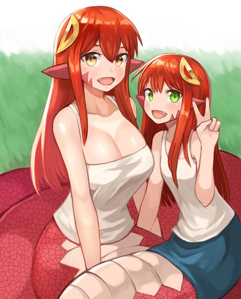 イラスト 2221x2756 と モンスター娘のいる日常 オリジナル miia (monster musume) cherry (snekfag) sookmo 長髪 長身像 カメラ目線 赤面 前髪 highres おっぱい 開いた口 light erotic 笑顔 hair between eyes 大きな乳房 multiple girls 緑の目 黄色眼