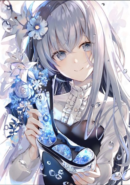 Anime picture 721x1023 with original kouyafu single long hair tall image looking at viewer blush fringe breasts blue eyes smile hair between eyes white background holding silver hair upper body long sleeves nail polish head tilt hair flower