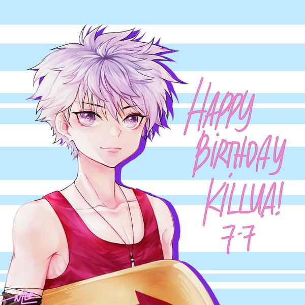 Anime picture 1000x1000 with hunter x hunter killua zaoldyeck nonlee single looking at viewer fringe short hair simple background hair between eyes purple eyes bare shoulders holding signed purple hair upper body light smile character names text dated english