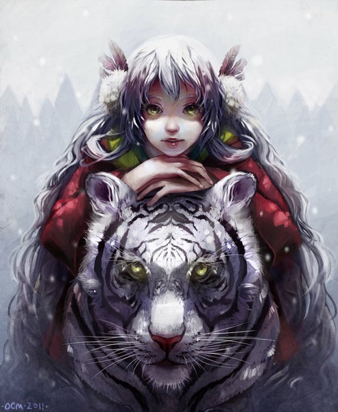 Anime picture 900x1094 with original lumichi single long hair tall image looking at viewer simple background green eyes signed traditional clothes grey hair snowing winter girl animal feather (feathers) tiger