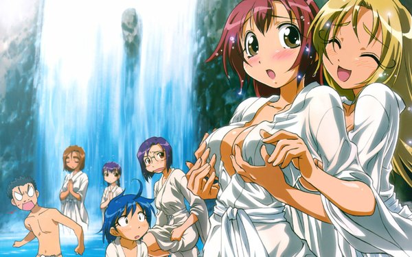 Anime picture 1680x1050 with amaenaideyo nanbu chitose haruka amanogawa sumi ikuina hinata sugai sakura sugai yuko atouda ikkou satonaka blush light erotic wide image japanese clothes breast grab girl water