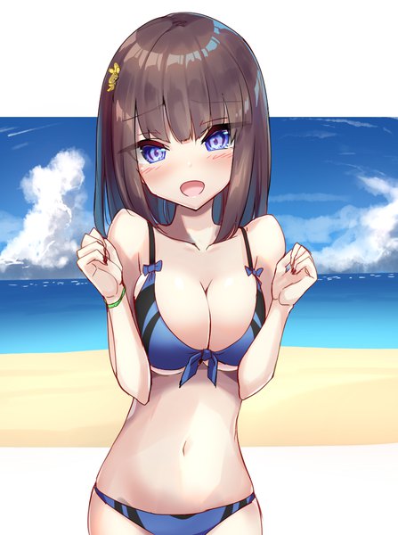 Anime picture 805x1080 with original tenrai single tall image looking at viewer blush fringe short hair breasts open mouth blue eyes light erotic smile hair between eyes brown hair large breasts standing bare shoulders payot sky