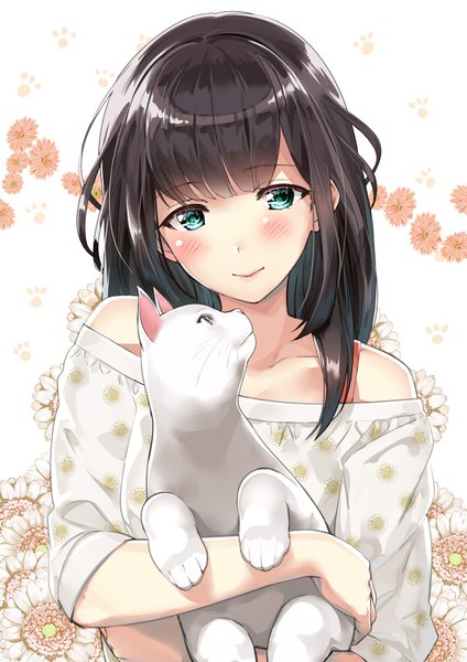 Anime-Bild 706x1000 mit original kinugasa yuuichi single long hair tall image looking at viewer blush fringe brown hair white background bare shoulders holding upper body head tilt aqua eyes off shoulder floral print floral background paw print girl