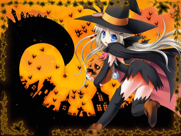 Anime picture 1280x960 with little busters! key (studio) noumi kudryavka na-ga single blush open mouth blue eyes smile grey hair wallpaper halloween witch girl thighhighs black thighhighs shoes witch hat clock vegetables