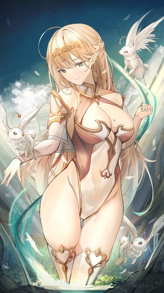 Anime picture 1125x2000 with original yusha (m-gata) single long hair tall image fringe breasts light erotic blonde hair smile large breasts bare shoulders green eyes signed cleavage ahoge outdoors blunt bangs braid (braids) head tilt