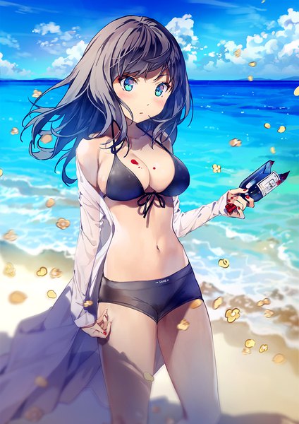 Anime picture 800x1132 with original yohan12 single long hair tall image looking at viewer blush fringe breasts blue eyes light erotic black hair large breasts standing bare shoulders holding sky cleavage cloud (clouds) outdoors