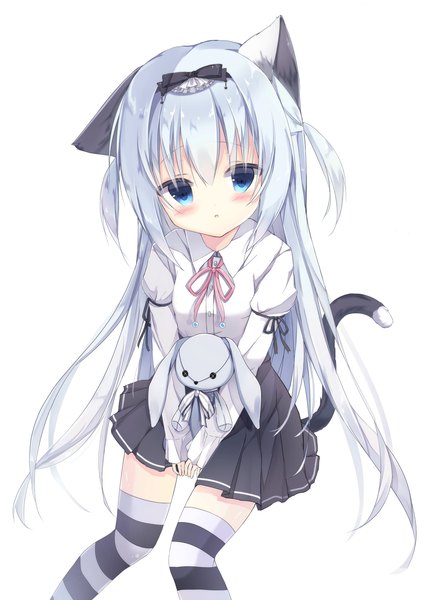 Anime picture 1629x2300 with original saeki sora single long hair tall image looking at viewer blush blue eyes simple background white background animal ears blue hair tail long sleeves parted lips animal tail pleated skirt cat ears cat girl cat tail