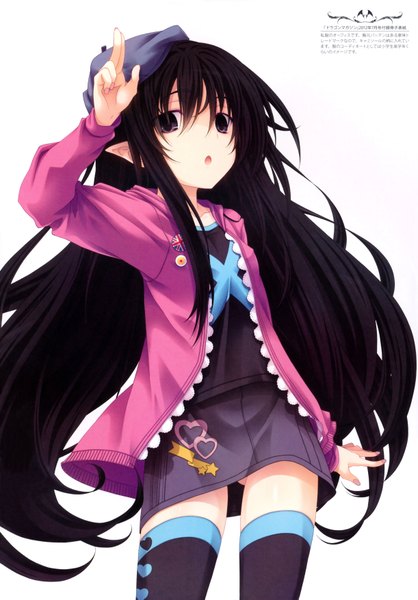 Anime picture 4882x7002 with highschool dxd ophis miyama zero single long hair tall image highres black hair absurdres very long hair parted lips pointy ears black eyes open clothes open jacket girl thighhighs dress black thighhighs jacket