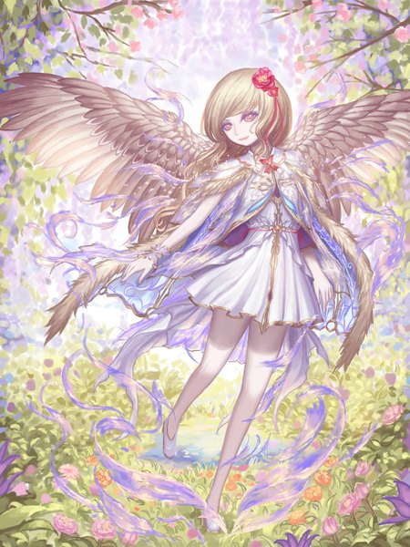 Anime picture 1200x1600 with original rinmmo single long hair tall image fringe blonde hair smile standing purple eyes looking away full body outdoors hair flower bare legs standing on one leg girl dress flower (flowers) wings