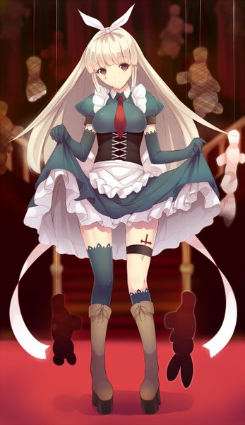 Anime picture 800x1382 with original daiaru single long hair tall image looking at viewer brown eyes white hair dress lift girl thighhighs dress gloves bow hair bow necktie elbow gloves boots