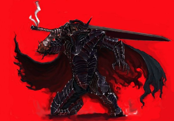 Anime picture 1000x697 with berserk guts sochie single open mouth red eyes kneeling red background screaming boy weapon armor cape bandage (bandages) helmet huge weapon gauntlets huge sword