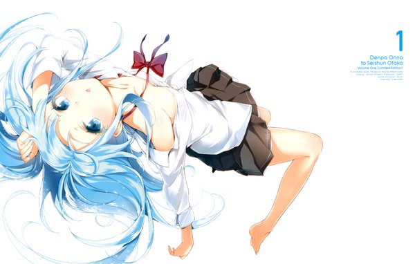 Anime picture 6931x4413 with denpa onna to seishun otoko shaft (studio) touwa erio buriki single long hair looking at viewer highres breasts blue eyes simple background white background bare shoulders blue hair absurdres cleavage full body parted lips pleated skirt barefoot