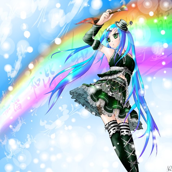 Anime picture 1700x1700 with garyljq single long hair twintails green eyes blue hair girl thighhighs black thighhighs hat