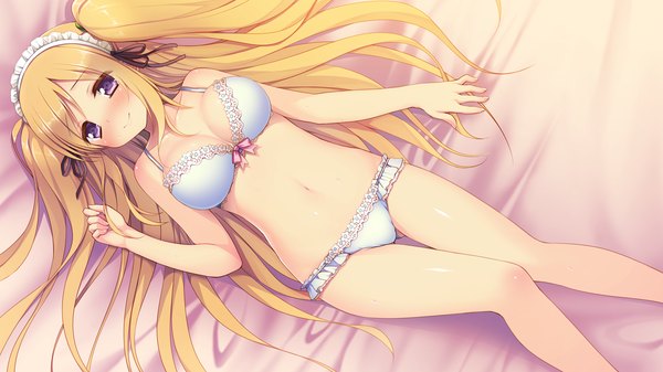 Anime picture 1280x720 with aisare roommate shidou aisha long hair blush breasts light erotic blonde hair smile wide image purple eyes game cg underwear only girl navel underwear panties lingerie headdress bra white panties